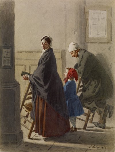 Mężczyzna, kobieta i dziewczyna na modlitwie w kościele, 1864 (toaleta i grafit na papierze) autorstwa Leon Henri Antoine Loire