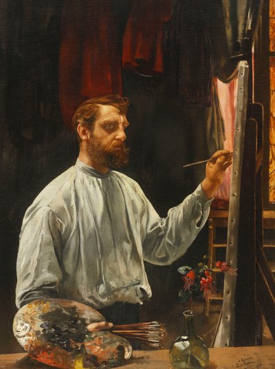 Portret de Leon Frederic, Stojący w połowie długości na sztalugach, 1900 autorstwa Leon Henri Marie Frederic