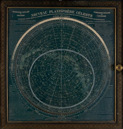 Planisfera z białym nadrukiem na ciemnoniebieskim tle, ok. 1900 r. (karton, złocenia) autorstwa Leon Jaubert