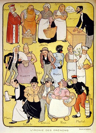 Ironia imion", ilustracja z początku XX wieku dla magazynu "Le Rire" (litografia kolorowa) autorstwa Leon Lebegue