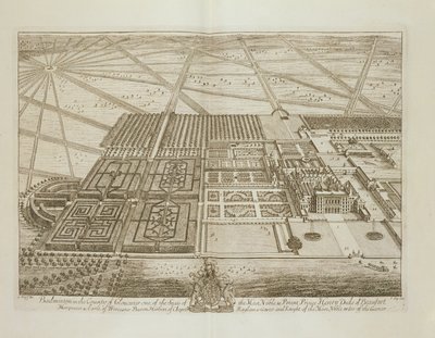 Badminton House w hrabstwie Gloucester, grawerowany przez Johannesa Kipa (ok. 1652-1722) (patrz także 192765) autorstwa Leonard Knyff