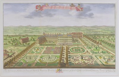 Pałac Królewski Jej Królewskiej Mości w Kensington, z „Survey of London” grawerowanego przez Johannesa Kipa (ok. 1652-1722), 1730 (kolor grawerowany) autorstwa Leonard Knyff