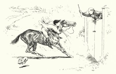 Mężczyzna udał się na polowanie w Reigate i chciał przeskoczyć wysoką bramę (rycina) autorstwa Leonard Leslie Brooke