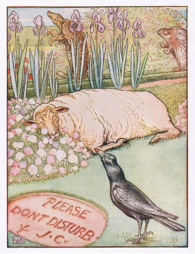 A owce poszły spać, ilustracja z „Przyjęcia Johnny Crow”, ok. 1930 r. autorstwa Leonard Leslie Brooke