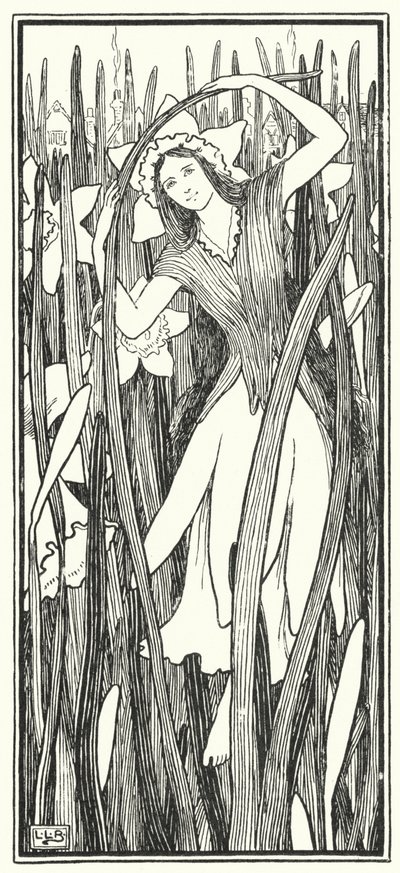 Daffy-down-dilly przybył do miasta, w żółtej halce i zielonej sukni (grawerunek) autorstwa Leonard Leslie Brooke
