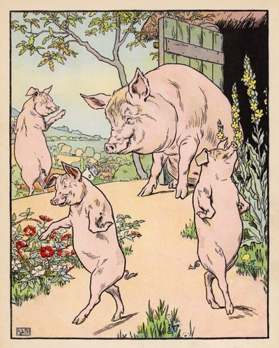 Ilustracja do filmu "Trzy małe świnki" (kolorowa litografia) autorstwa Leonard Leslie Brooke