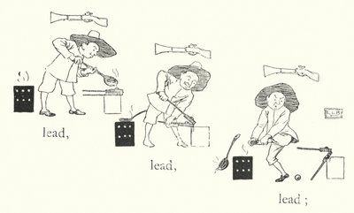 Był mały człowiek i miał mały pistolet, a jego kule były zrobione z ołowiu, ołowiu, ołowiu (rycina) autorstwa Leonard Leslie Brooke