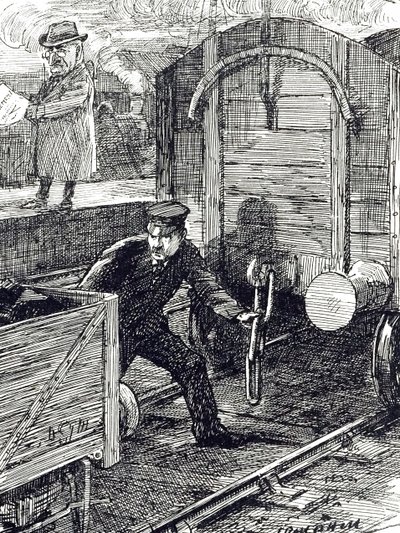 Kreskówka komentująca wypadki pracowników kolei. Ilustrował Leonard Raven-Hill (1867-1942), angielski artysta, ilustrator i rysownik komiksów z XX wieku. autorstwa Leonard Raven Hill