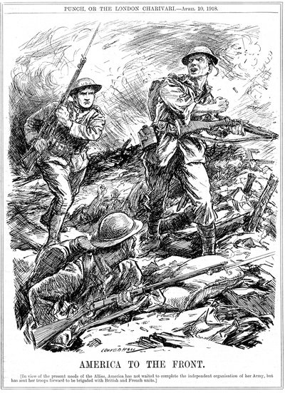 Amerykańskie posiłki na pomoc wojskom alianckim przed przybyciem głównej armii amerykańskiej, I wojna światowa, 1918 r. autorstwa Leonard Raven Hill