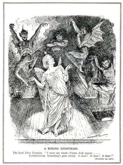 LLoyd George, "Dobra Wróżka" rządu koalicyjnego ma nadzieję przekształcić Wielką Brytanię w Utopię, ale zamiast tego wyczarowuje koszmar i diabły bezrobocia, załamania handlu, wysokich cen i niepokojów, autorstwa Leonard Raven Hill
