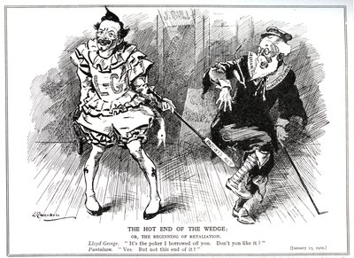 Lloyd George, jako prezes Izby Handlowej, chroniący brytyjski przemysł przed niemiecką konkurencją na mocy „Patents and Designs Act” z 1907, 1909 autorstwa Leonard Raven Hill
