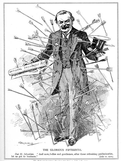 Lloyd George, przedstawiony jako męczennik, św. Sebastian, atakowany za swoją ustawę o ubezpieczeniach narodowych, która weszła w życie 15 lipca 1912 r. Ustawa o ubezpieczeniach z 1911 r. autorstwa Leonard Raven Hill