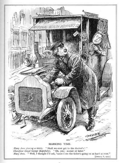 Lloyd George spóźnia się z zabraniem pacjenta do lekarza zgodnie z ustawą o narodowym ubezpieczeniu zdrowotnym z 1913 r. autorstwa Leonard Raven Hill