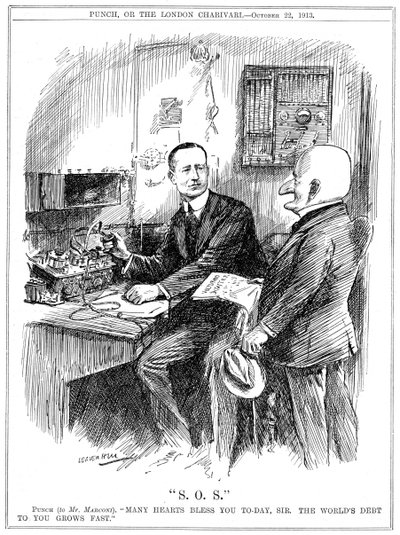 Pan Punch dziękujący Marconiemu za bezprzewodową telegrafię, która ratowała życie na morzu, 1913 autorstwa Leonard Raven Hill