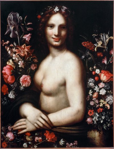 Popiersie młodej kobiety zwanej Flora (Flora) wśród kwiatów Wzorem będzie Mona Lisa (Mona lub Monna Lisa) Obraz wg rysunku Leonarda da Vinci (Leonard de Vinci) (1452-1519) Bergamo XVII w., akademia Carrara autorstwa Leonardo da (after) Vinci