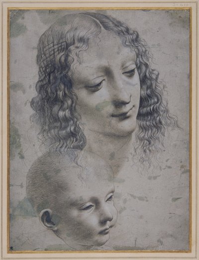 Głowa kobiety i głowa dziecka (metalowy punkt na szarym przygotowanym papierze) autorstwa Leonardo da (follower of) Vinci