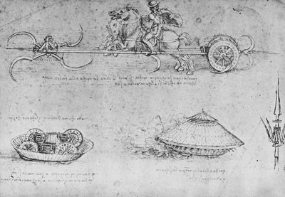 Rydwan uzbrojony w kosy, dwa rysunki rodzaju czołgu i partyzanta, ok. 1480 1945 autorstwa Leonardo da Vinci