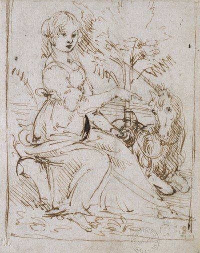 Panna z jednorożcem, koniec lat 70. XIV wieku autorstwa Leonardo da Vinci