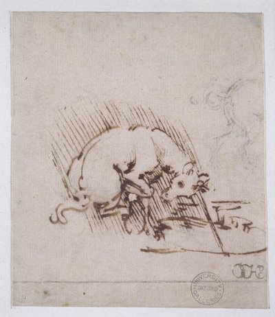 Jednorożec zanurzający róg w kałuży wody, ok.1481 (pióro, atrament i metalowy czubek na papierze) autorstwa Leonardo da Vinci