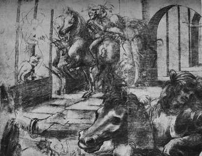 Adoracja Trzech Króli - Architektura i postacie w tle po lewej, c1481 1945 autorstwa Leonardo da Vinci