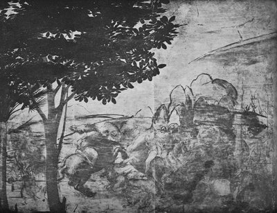 Adoracja Trzech Króli - Bitwa jeźdźców w oddali po prawej, c1481 1945 autorstwa Leonardo da Vinci
