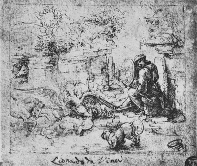 Alegoria: Walka zwierząt i mężczyzna z płonącym szkłem, ok. 1480 1945 r. autorstwa Leonardo da Vinci