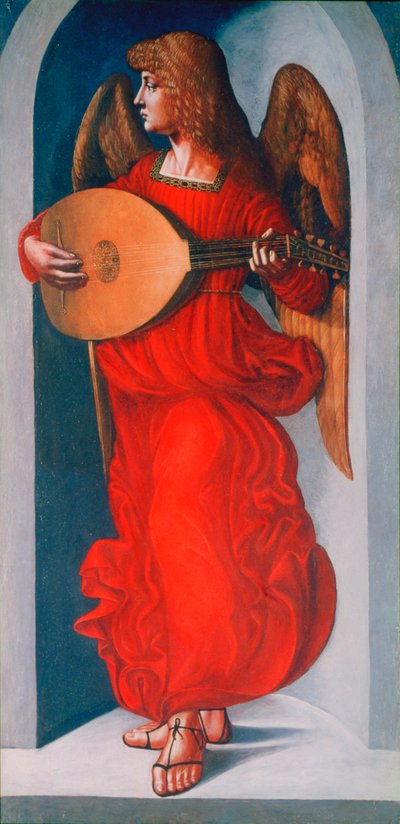 Anioł w czerwieni z lutnią, 1490-1499 autorstwa Leonardo da Vinci