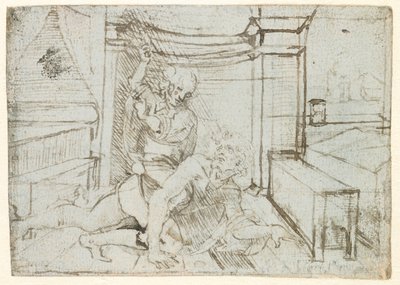 Arystoteles i Phyllis (lub Campaspe), ok. 1480 (pióro i tusz na niebieskim papierze) autorstwa Leonardo da Vinci