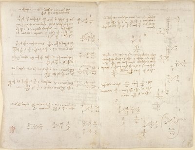 Arundel 263, f.220v, f.221, Uwagi; obliczenia matematyczne, z „Codex Arundel” (pióro i atrament na papierze) autorstwa Leonardo da Vinci