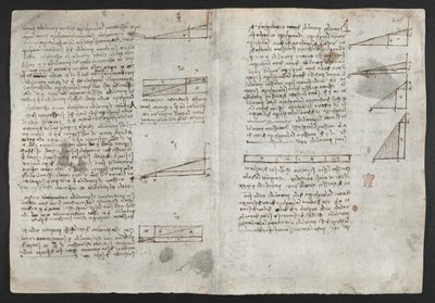 Arundel 263, f.246v Rysunki dotyczące sił i sił mechanicznych, perkusji, grawitacji, ruchu, optyki i astronomii, z różnymi twierdzeniami arytmetycznymi i geometrycznymi, ilustracja z „Księgi obserwacji” Leonarda (tusz na papierze) autorstwa Leonardo da Vinci