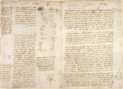 Arundel 263, f.279v f.280, Notatki, obliczenia matematyczne i diagram zatytułowany „prespectiva”, o piramidach „kaustycznych”, mechanika (w odniesieniu do Archimedesa), astronomia i mechanika, c.1515 (pióro i atrament na papierze) autorstwa Leonardo da Vinci