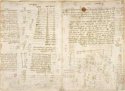 Arundel 263, f.280v, f.279 Notatki, diagramy i obliczenia matematyczne, zatytułowane „presspectiva”, dotyczące piramid „żrących”, z „Codex Arundel” autorstwa Leonardo da Vinci