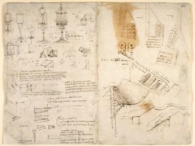 Arundel 263, f.283v, f.282 Szkice lamp na zawiasach; notatki dotyczące mechaniki; obliczenia matematyczne; szkice geometryczne (pióro i tusz na papierze) autorstwa Leonardo da Vinci