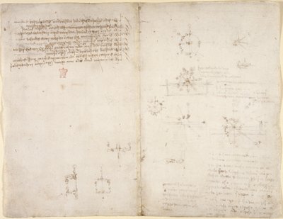 Arundel 263, f.35v, f.34 Rysunki dotyczące sił i sił mechanicznych, perkusji, grawitacji, ruchu, optyki i astronomii, z różnymi twierdzeniami arytmetycznymi i geometrycznymi. autorstwa Leonardo da Vinci