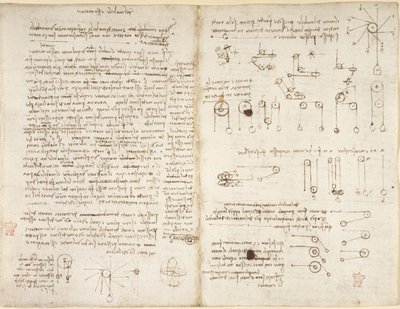 Arundel 263, f.43v, f.42, Notatki i diagramy dotyczące mechaniki, zatytułowane „Del mobile essu motore” z „Codex Arundel” (pióro i atrament na papierze) autorstwa Leonardo da Vinci