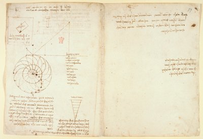 Arundel 263 f.44v, f.59 Szkic oka i nosa twarzy z profilu; notatki o wodzie, z „Codex Arundel” (pióro i atrament na papierze) autorstwa Leonardo da Vinci