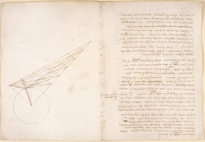 Arundel 263, f.46v, f.57 Schemat optyki, dotyczący problemu Alhazena, z „Codex Arundel” (pióro i atrament na papierze) autorstwa Leonardo da Vinci