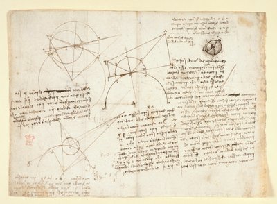 Arundel 263, f.64v Odwrotna strona pojedynczego dużego arkusza, poprzednio oprawiona wzdłuż prawej krawędzi i złożona do zeszytu. Notatki i diagramy dotyczące optyki, dotyczące problemu Alhazena; schematyczny szkic gałki ocznej wraz z notatkami odnoszącymi autorstwa Leonardo da Vinci