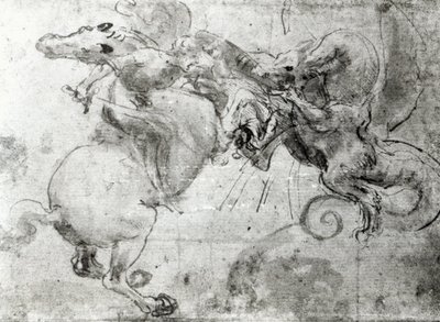 Bitwa między Jeźdźcem a Smokiem, ok.1482 (rysunek rysikiem, pióro i pędzel na papierze) autorstwa Leonardo da Vinci