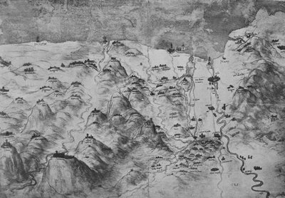 Widok z lotu ptaka na część Toskanii, ok. 1480 1945 r. autorstwa Leonardo da Vinci