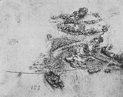 Widok z lotu ptaka na rzekę z promem linowym, ok. 1480 1945 r. autorstwa Leonardo da Vinci