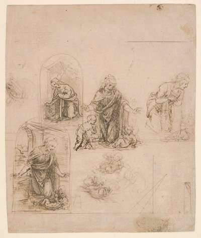 Szkice kompozycyjne do Matki Boskiej Adorującej Dzieciątko Jezus, 1480-85 (silverpoint) autorstwa Leonardo da Vinci