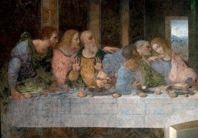 Fragment La Cene (Il Cenacolo (Ultima Cena)) przedstawiający od lewej do prawej apostoła św. Barthelemy, Jakuba, syna Alphee, Andre, Judasza, Piotra i Jana. 1495 - 1498. Fresk Leonarda da Vinci (Leonardo da Vinci). Refektarz Santa Maria delle gra autorstwa Leonardo da Vinci