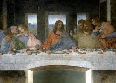 Fragment Cene (Il Cenacolo (Ultima Cena)) przedstawiający po lewej stronie apostołów Judasza, Piotra i Jana, Chrystusa w środku oraz apostołów Tomasza, Jakuba Większego i Filipa. Litera V między Janem a Chrystusem odnosiłaby się do kielicha Graala lub autorstwa Leonardo da Vinci