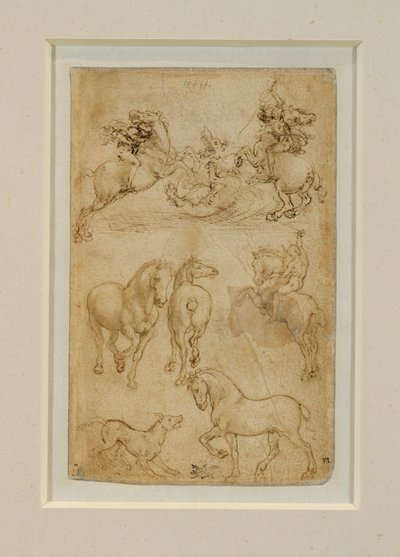 Dwóch jeźdźców walczących ze smokiem; jeździec i dwa konie; pies i koń ... autorstwa Leonardo da Vinci