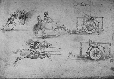 Rysunki rydwanów uzbrojonych w cepy, łucznika z tarczą, ok. 1480, 1945 r. autorstwa Leonardo da Vinci