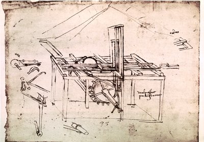 Fragment rękopisu Da Vinci opisującego zasadę działania i budowę "piły hydraulicznej z automatycznym napędem" (rękopis) autorstwa Leonardo da Vinci