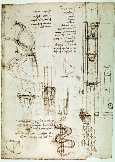 Fragment rękopisu Da Vinci opisującego zasadę działania i konstrukcję "Pile Drive (Pile Mallet)" (rękopis) autorstwa Leonardo da Vinci
