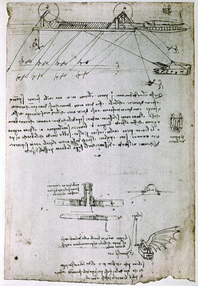Fragment rękopisu Da Vinci opisującego zasadę działania i budowę "pogłębiarki morskiej" (rękopis) autorstwa Leonardo da Vinci