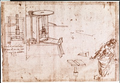 Fragment manuskryptu Da Vinci opisującego zasadę działania i budowę "maszyny drukarskiej" (manuskrypt) autorstwa Leonardo da Vinci
